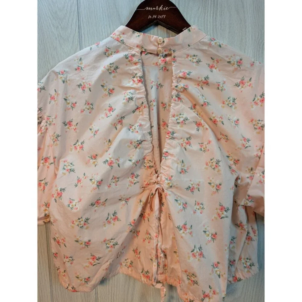 Anthropologie Cropped Bubble Sleeve Blouse Pink Floral Tie Back Medium - Picture 5 of 8